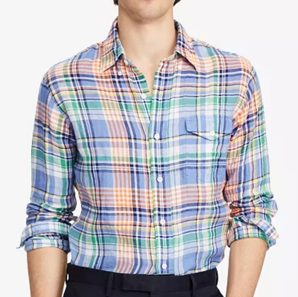 Ralph Lauren Linen Plaid Button-Down Shirt Mens Small